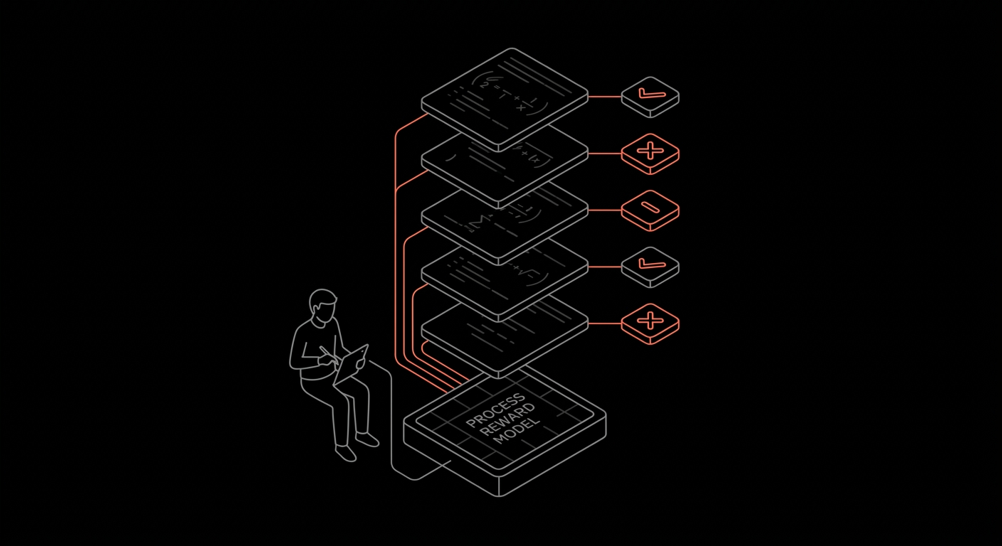 Isometric illustration of a reasoning-trace stack feeding a process reward model.