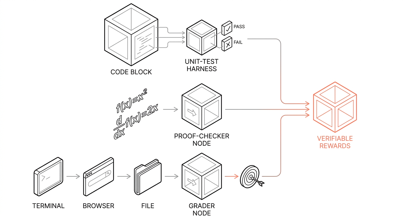 Diagram showing code blocks, proof checkers, and grader nodes producing verifiable rewards.