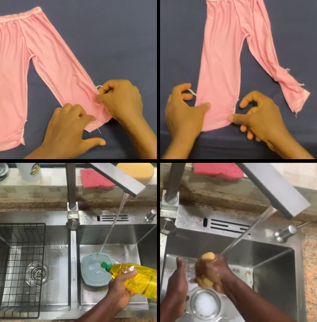Four first-person frames of household chores from the EgoChores dataset