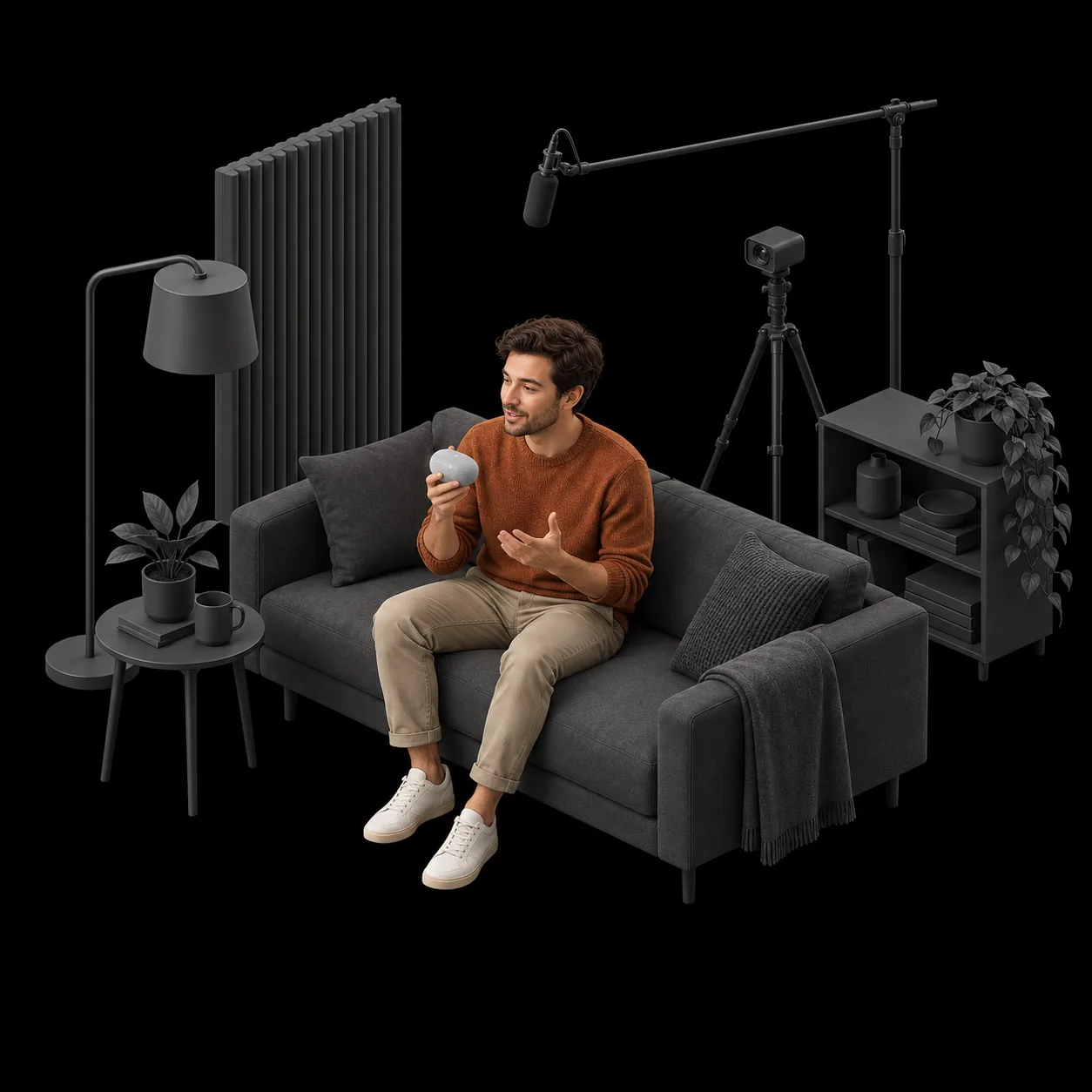 Participant speaking to a device in a controlled living-room capture set