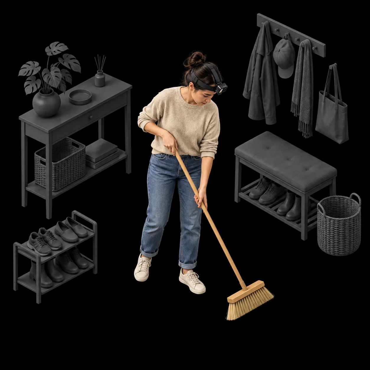 Participant wearing a head-mounted camera while sweeping in a household environment