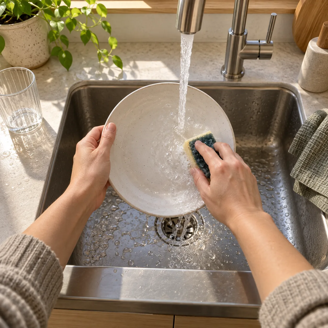 First-person view of a person washing a plate