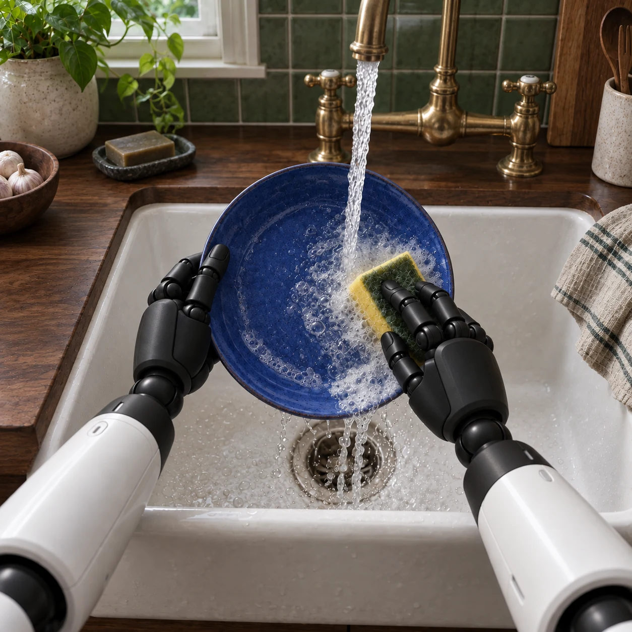First-person view of the robot's black articulated hands washing a blue plate in a different kitchen