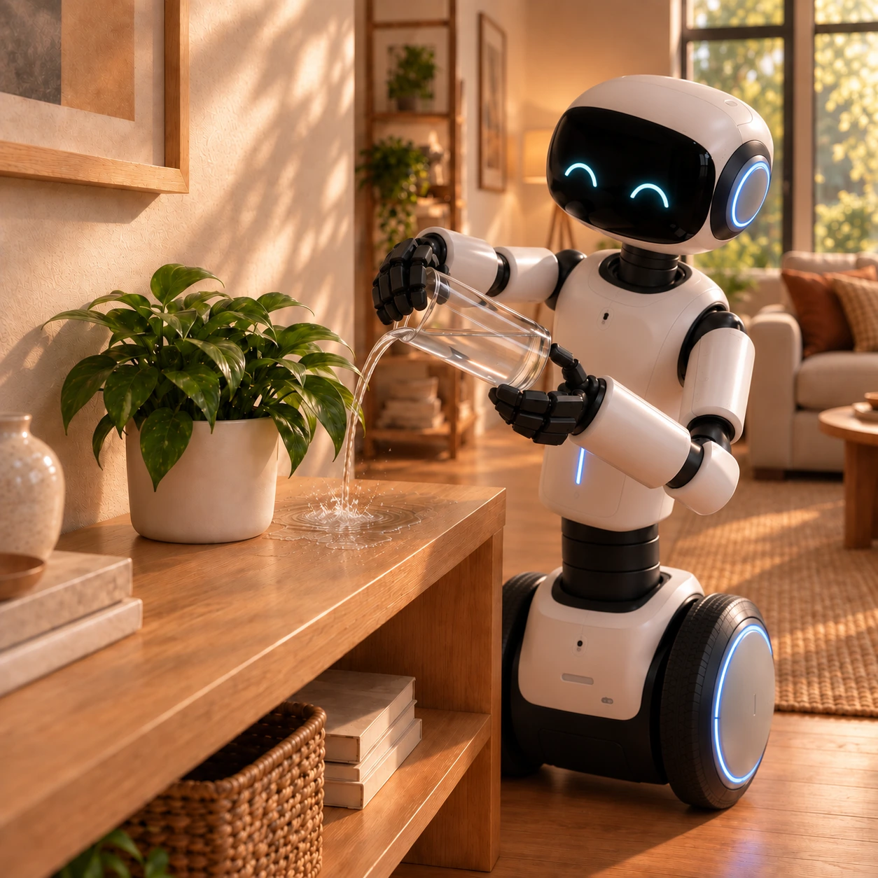 Wheeled robot close to a table, watering beside a small planter while the water stream lands on the console
