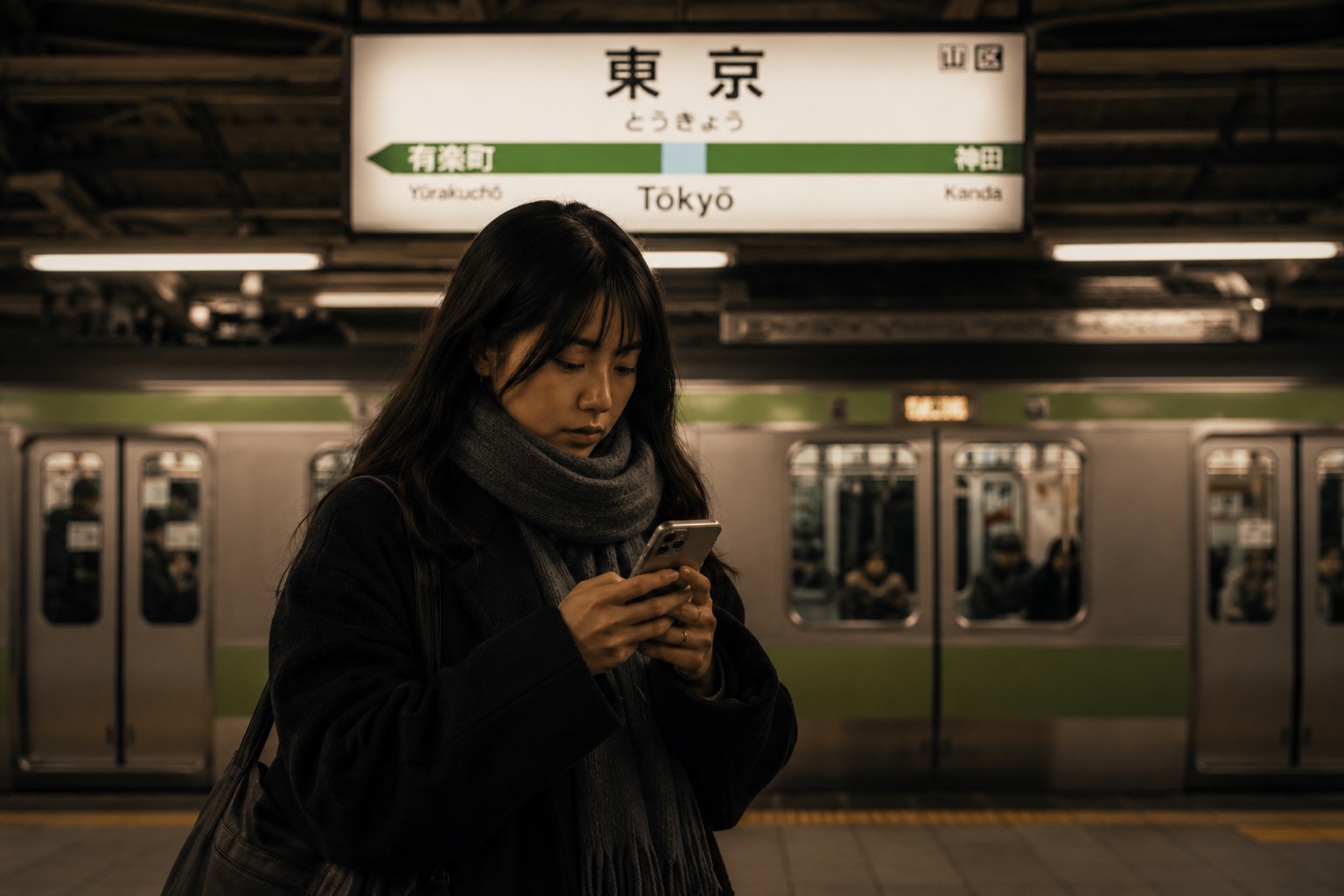 Commuter reading her phone on a platform at Tokyo Station